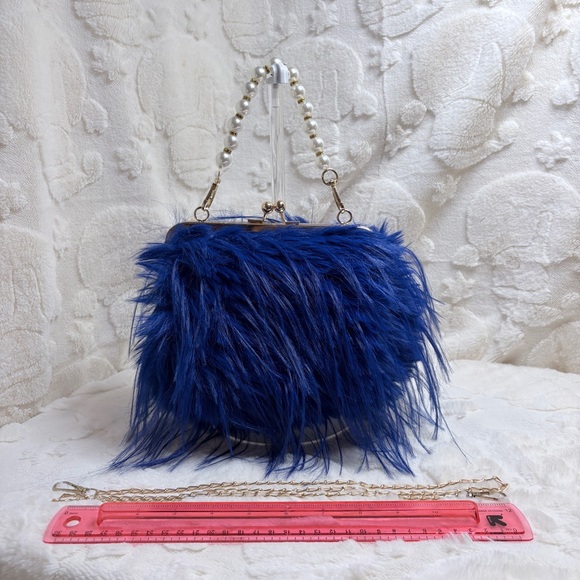 None Handbags - Blue Faux Fur Handbag with Pearl Strap